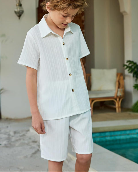 [5Y-12Y] Arshiner Boy's Textured Button Up Shirt and Shorts Set