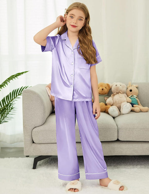 Arshiner Girls Pajamas Silk Satin Button Down Pjs 2 Piece Short Sleeve Sleepwear Set