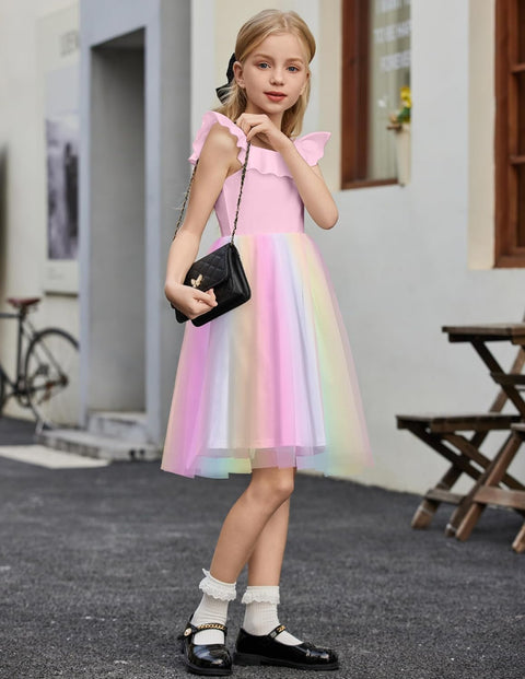 Arshiner Girls Dresses Square Neck Ruffle Sleeve Tulle Dress 6-14 Years