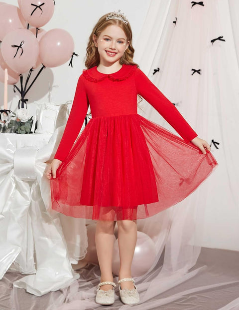 Arshiner Tutu Dress Girls Long Sleeve Peter Pan Collar Party Dresses