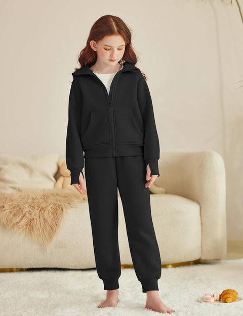 Arshiner Girls 2 Piece Outfit Drop Shoulder Zip Up Hoodies Set