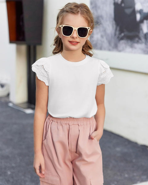 Arshiner Girls T Shirts Lace Petal Short Sleeves Kids Tops Tees