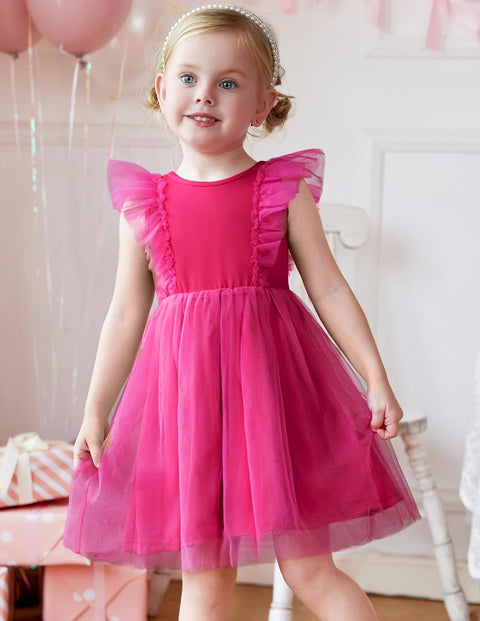 【2-8Y】Arshiner Toddler Dress Ruffle Sleeve V-Back Tie Waist Girl Dresses