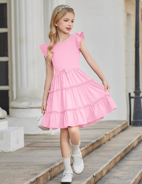 Arshiner Girl's Dress Ruffle Sleeve Tiered Dresses with Pockets 5-12 Years