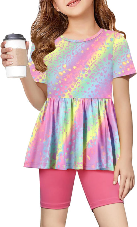 Arshiner Girls Summer Outfits Short Sleeve Ruffle Hem Top and Biker Shorts Set Girl Clothes 6-14 Years