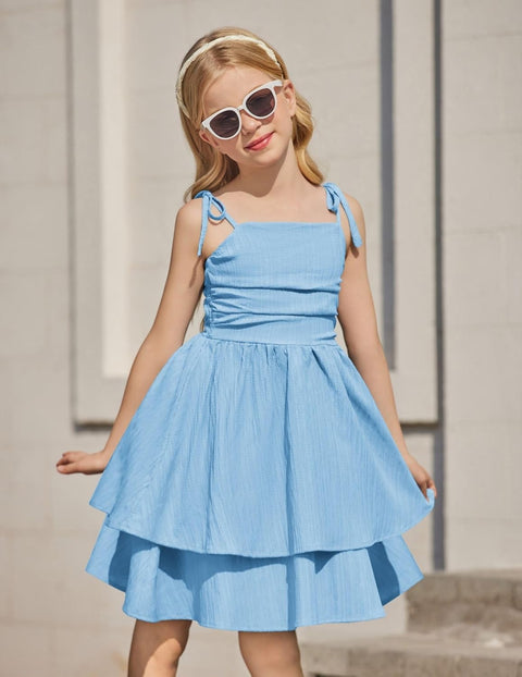 Arshiner Girls Dresses Flowy Tiered Ruched Smocked Back Midi Sundress