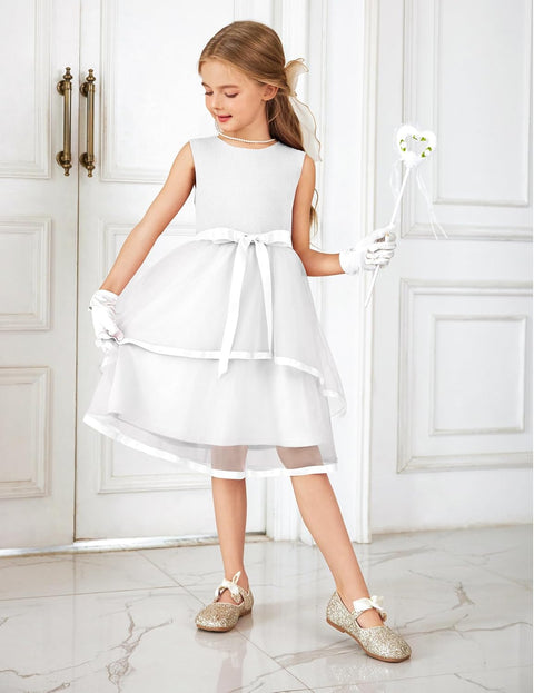 Arshiner Girls Dress Formal Party Fluffy Tulle Sleeveless Belted Dresses 3-11Y