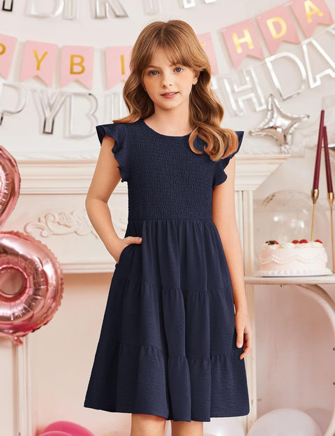 Arshiner Girls Dress Ruffle Sleeve Smocked Tiered Sundress