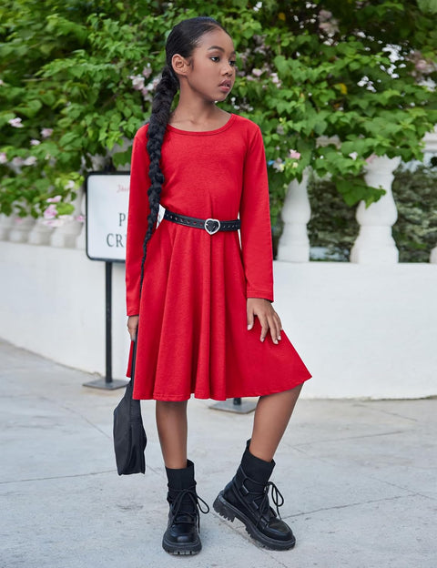 Arshiner Girls Long Sleeve Stretchy Dress A line Twirly Skater School Party Dress