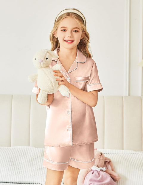 Arshiner Girls Pajamas Silk Satin Pajama Sleepwear Button Down Pj Set