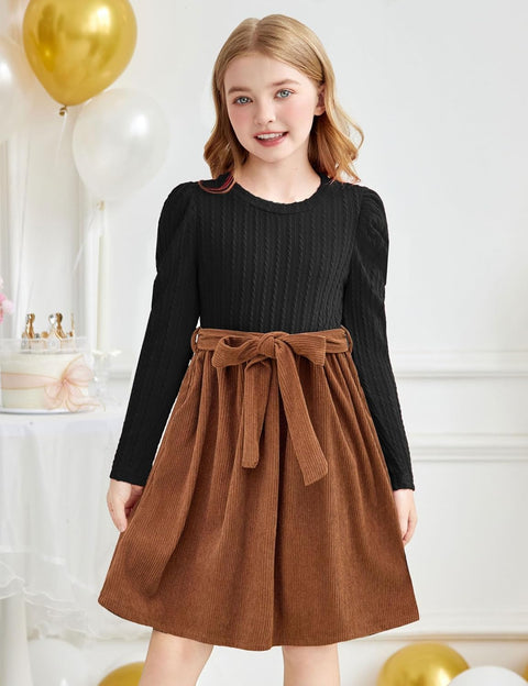 Arshiner Girls Dresses Puff Long Sleeve Rib Knit Plaid Belted Dress