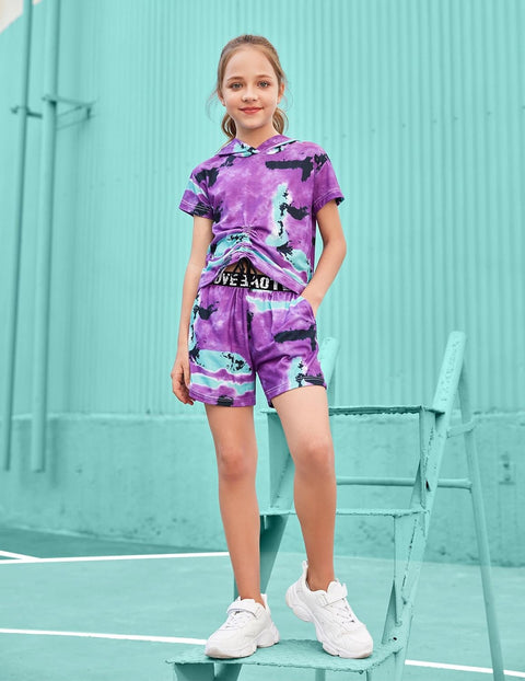 Arshiner Girls 2 Piece Outfits Summer Clothing Sets Short Sleeve Drawstring Hoodie T-Shirt and Letter Print Waist Short