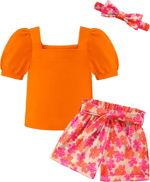 【 2-8Y】Arshiner Toddler Girl Puff Sleeve Tops + Shorts + Headband 3pcs Sets
