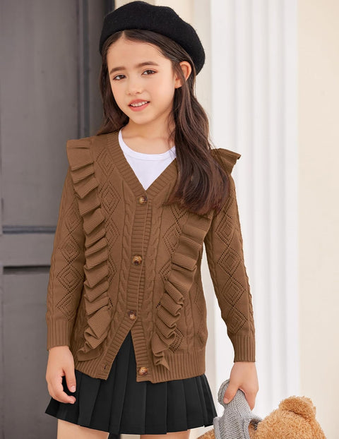 Arshiner Girls Cardigan Sweaters Ruffle School Uniform Sweater