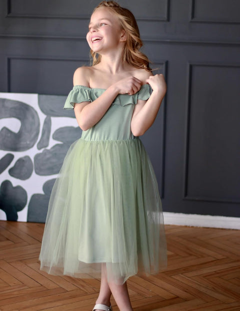 Arshiner Girls Dresses Square Neck Ruffle Sleeve Tulle Dress 6-14 Years