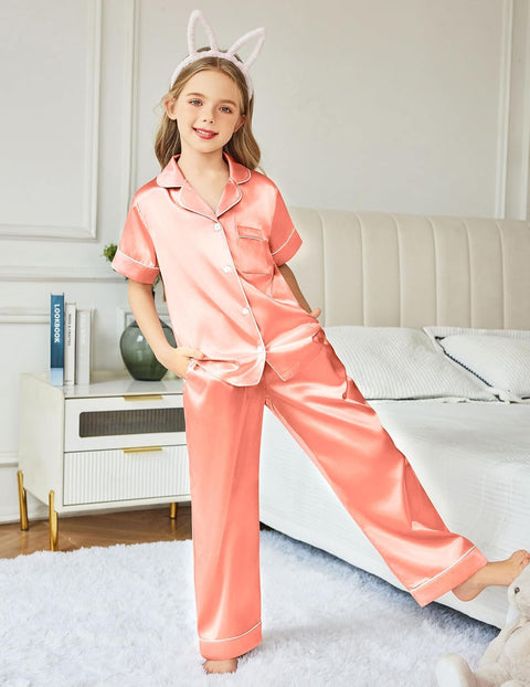 Arshiner Girls Pajamas Silk Satin Button Down Pjs 2 Piece Short Sleeve Sleepwear Set