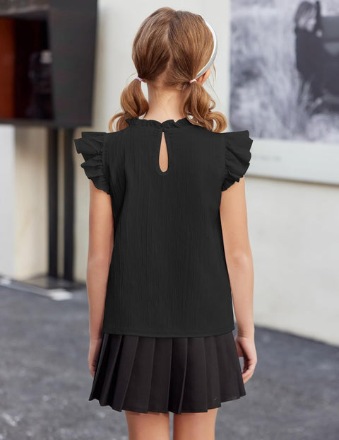 Arshiner Girls Ruffle Short Sleeve Shirts Frill Neck Pleated Blouse Tops