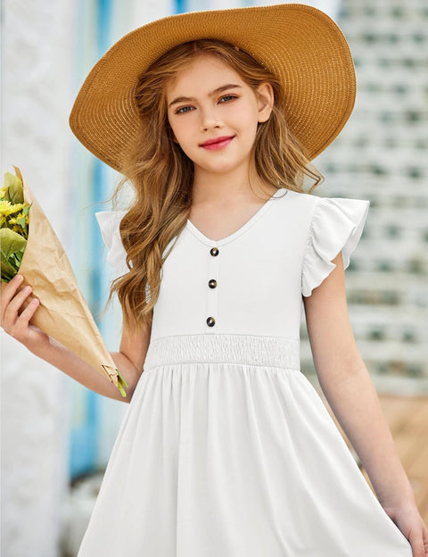 Arshiner Girls Dresses Ruffle Sleeve A-Line V-Neck Sundress