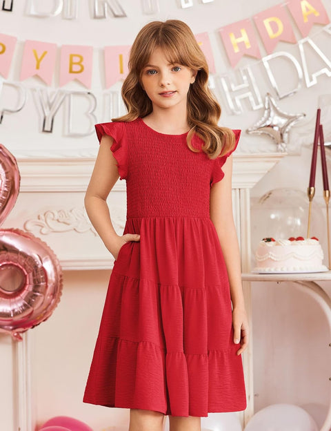 Arshiner Girls Dress Ruffle Sleeve Smocked Tiered Sundress