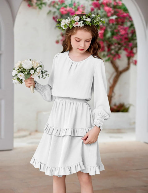 Arshiner Girls Long Sleeve Dress Boho Tiered Ruffle Hem Smocked Waist Midi Dress