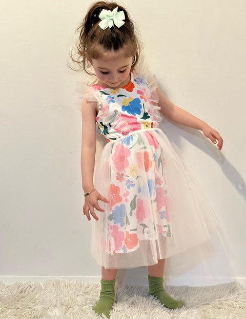 【2-8Y】Arshiner Toddler Dress Ruffle Sleeve V-Back Tie Waist Girl Dresses