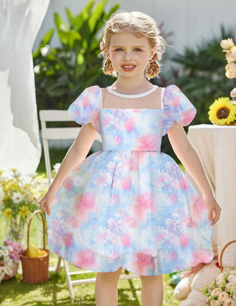 Arshiner Girls Dress Contrast Mesh Puff Flowy Bubble Hem Dresses