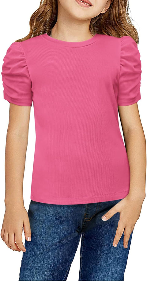 Arshiner Girls Puff Short Sleeve Shirts Summer Ribbed Knit Crewneck T Shirt Tops Tee Blouse