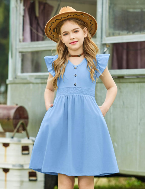 Arshiner Girls Dresses Ruffle Sleeve A-Line V-Neck Sundress