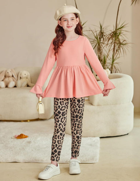 Arshiner Girls 2 Piece Set Floral Ruffle Hem Bell Sleeve Top and Leggings