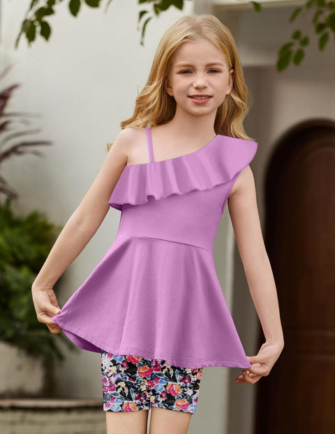 Arshiner Girls 2 Piece Outfits One Shoulder Ruffle Trim Top and Short Sets 6-14 Years