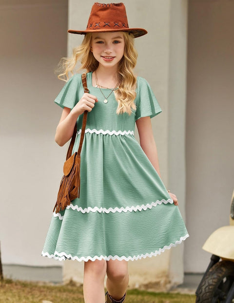 Arshiner Girls Dress Flutter RIC Rac Tiered Short Sleeve Dresses with Pockets