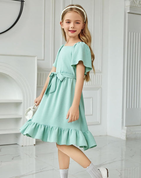 Arshiner Girls Dresses Kids Square Neck Ruffle Hem Belted Dress