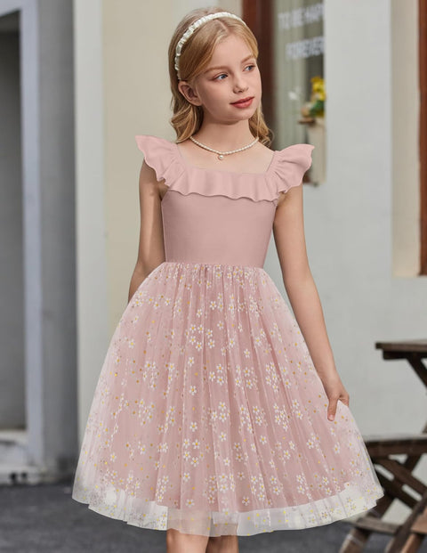 Arshiner Girls Dresses Square Neck Ruffle Sleeve Tulle Dress 6-14 Years