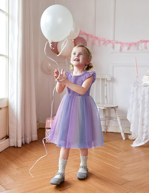 【2-8Y】Arshiner Toddler Lace Tutu Dresses Ruffle Sleeve 3 Layers Tulle Flower Dress