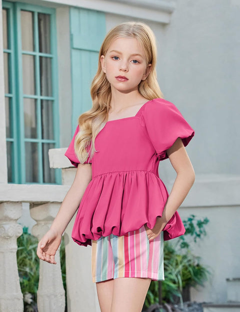 Arshiner Girls 2 Piece Sets Puffed Sleeve Bubble Hem Tops and Short Set