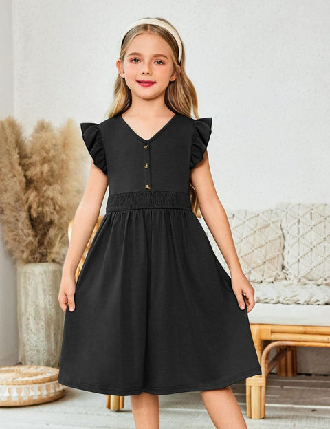 Arshiner Girls Dresses Ruffle Sleeve A-Line V-Neck Sundress