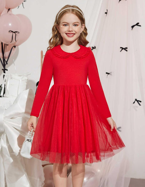 Arshiner Tutu Dress Girls Long Sleeve Peter Pan Collar Party Dresses