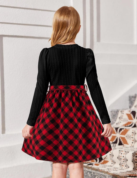 Arshiner Girls Dresses Puff Long Sleeve Rib Knit Plaid Belted Dress