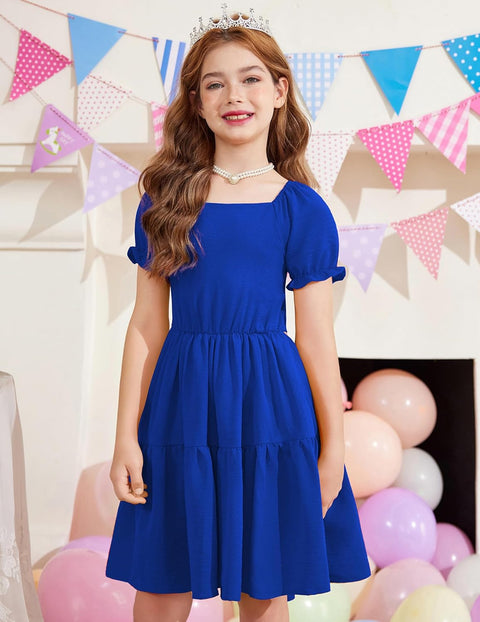 Arshiner Girls Dress Tie Back Short Sleeve Square Neck Tiered Midi Dresses