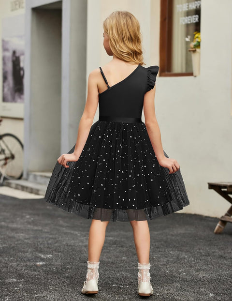 Arshiner Girls Dresses One Shoulder Ruffle Formal Tulle Dress