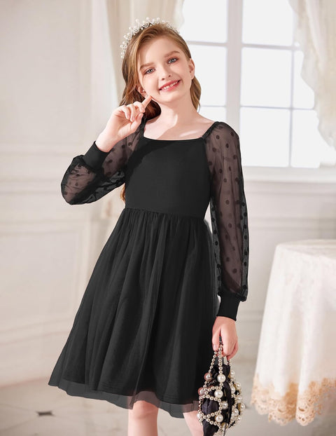 Arshiner Girl Tulle Dress Puff Long Sleeve Teen Girls Party Casual Dresses