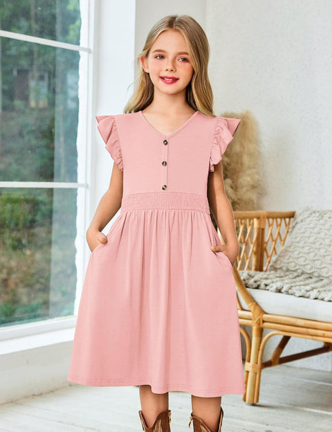 Arshiner Girls Dresses Ruffle Sleeve A-Line V-Neck Sundress