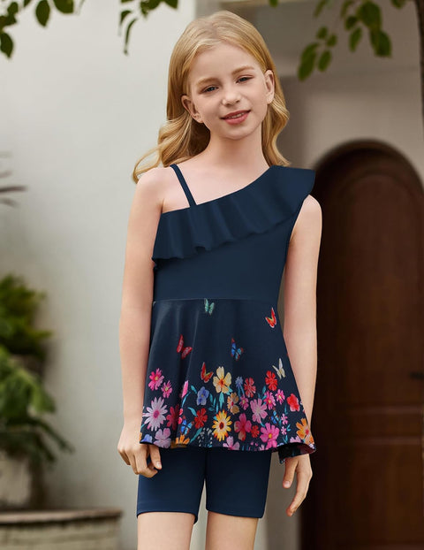 Arshiner Girls 2 Piece Outfits One Shoulder Ruffle Trim Top and Short Sets 6-14 Years