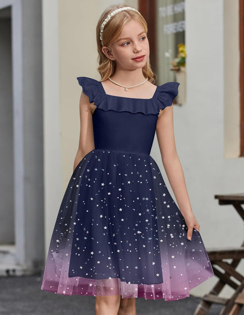 Arshiner Girls Dresses Square Neck Ruffle Sleeve Tulle Dress 6-14 Years