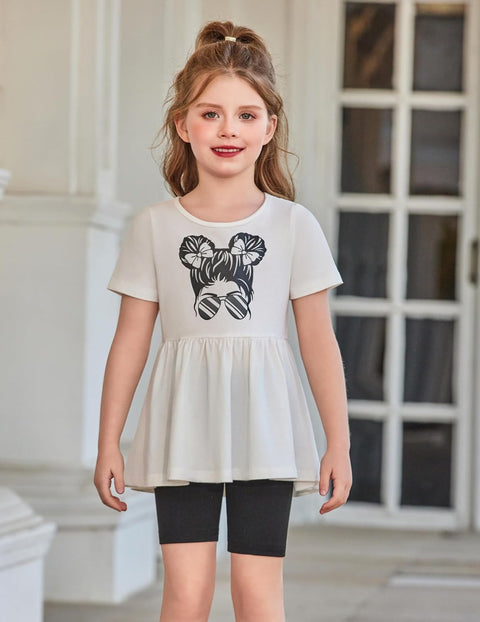 Arshiner Girls Summer Outfits Short Sleeve Ruffle Hem Top and Biker Shorts Set Girl Clothes 6-14 Years