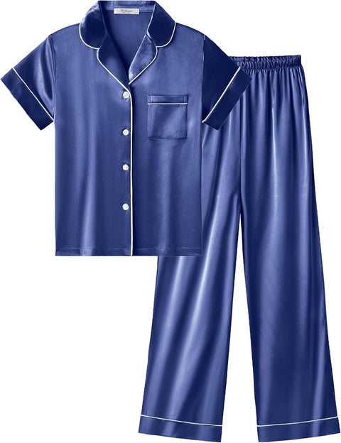Arshiner Girls Pajamas Silk Satin Button Down Pjs 2 Piece Short Sleeve Sleepwear Set