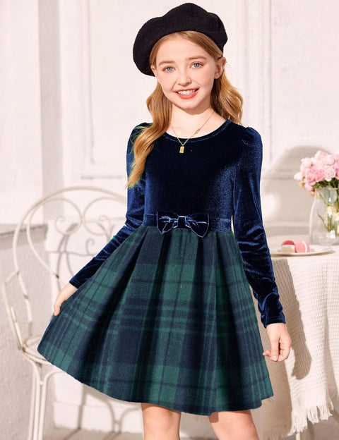 Arshiner Girls Dresses Velvet Plaid Patchwork Party Dress