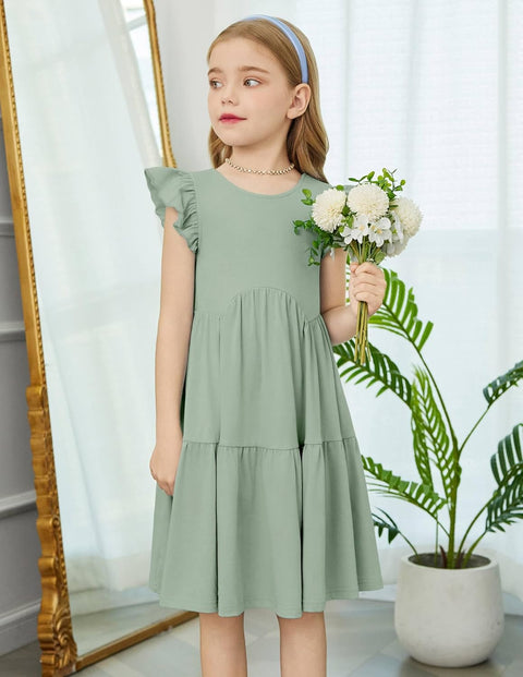 【2-8Y】Arshiner Toddler Dress Girls Backless Tiered Dresses with Pockets