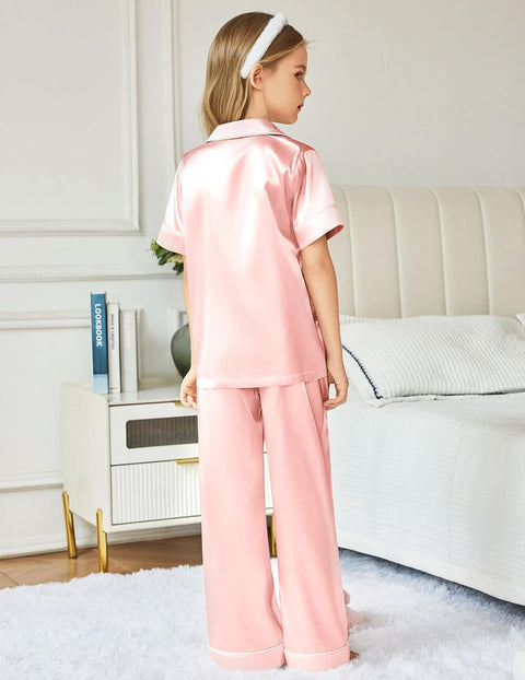 Arshiner Girls Pajamas Silk Satin Button Down Pjs 2 Piece Short Sleeve Sleepwear Set