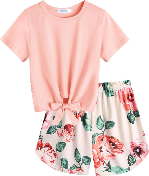 Arshiner Girls Summer Shorts Set Kids 2Pcs Tie Dye Sport T-Shirt and Shorts Set Floral Print Clothing Sets